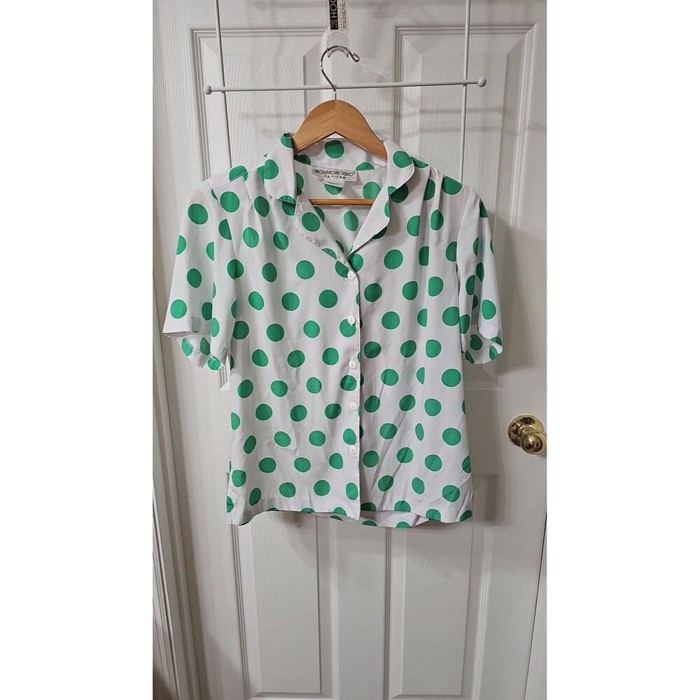 Vintage Brownstone Studio Petites Green Polka Dot Short Sleeve Button Up Blouse